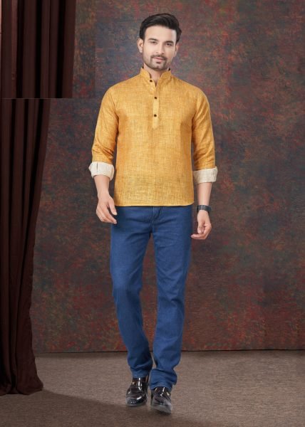 Linen Printed Mustard Yellow Waist Length Mens Short Kurta Mens Shirt