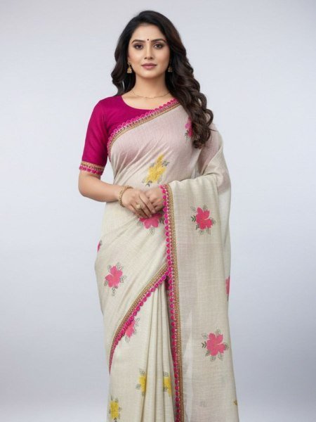 Linen Printed Saree with Lace Border and Silk Blouse Sarees 