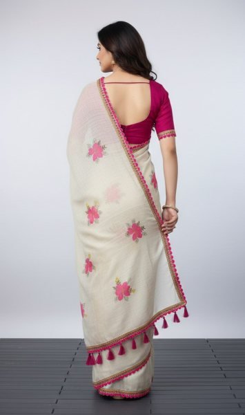 Linen Printed Saree with Lace Border and Silk Blouse Cotton Sarees Wholesale