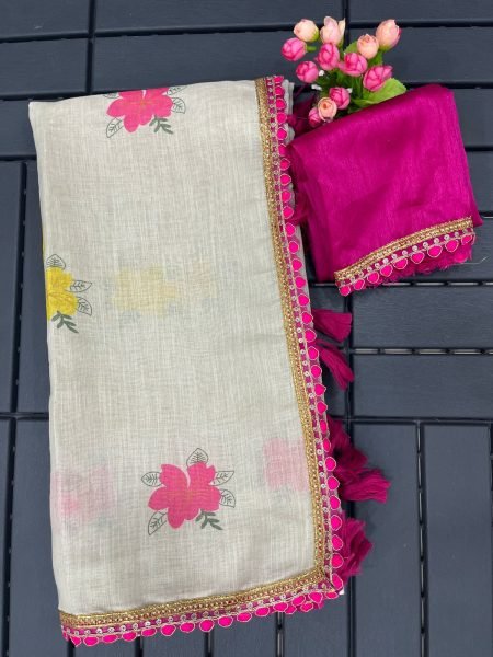 Linen Printed Saree with Lace Border and Silk Blouse Cotton Sarees Wholesale