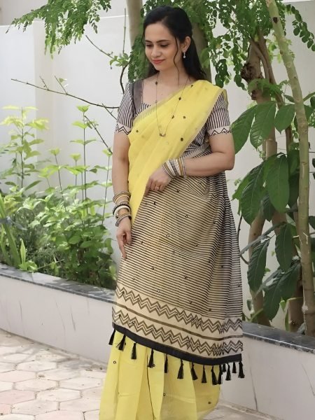 Linen Yellow Cotton Saree with Digital Print and Mirror Work for Daily Wear Sarees 