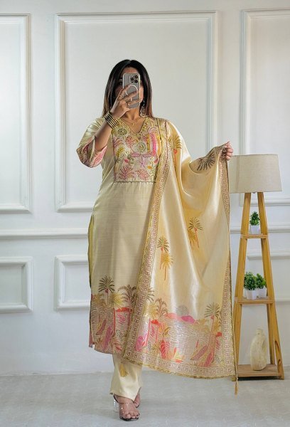 Lively Assam Silk Embroidered Top Pant Set with Digital Print Dupatta for Wholesale buyers  3 Piece Kurti Set