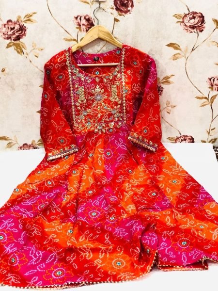 Long Round Cotton Kurti With Hand Work  Anarkali Kurtis 