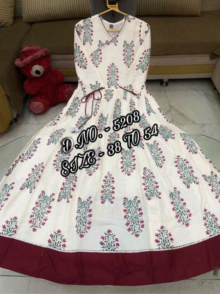 Long Stylish Hand Block Printed Gown Kurti  Jaipuri Cotton Kurtis Wholesale