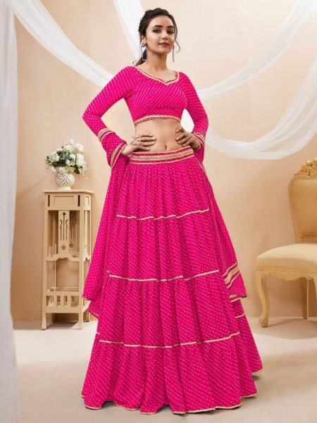 Lovely Pink Leheriya Print Georgette Lehenga Choli Set Party Wear with Gota Lace   Ruffle Work for Wedding and Festive Look Designer Lehenga Choli