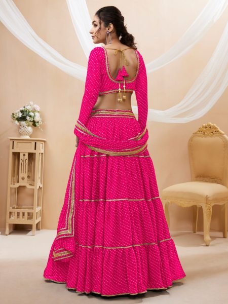 Lovely Pink Leheriya Print Georgette Lehenga Choli Set Party Wear with Gota Lace   Ruffle Work for Wedding and Festive Look Designer Lehenga Choli