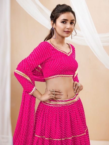 Lovely Pink Leheriya Print Georgette Lehenga Choli Set Party Wear with Gota Lace   Ruffle Work for Wedding and Festive Look Designer Lehenga Choli