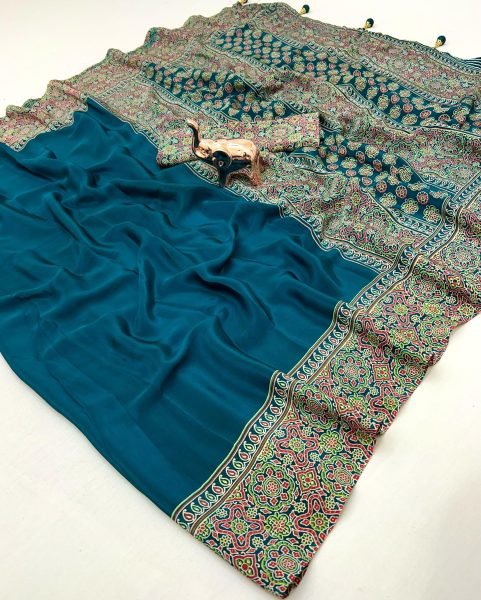 Low Price Luxury Ajrak Satin Saree with Heavy Tassels Wholesale Offer Printed Cotton Sarees Wholesale