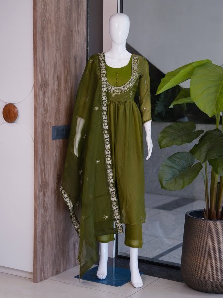 Low Price Olive Green Special Quality Occasions Wear Palazzo Suit With Dupatta For Women Ready To Wear Collection