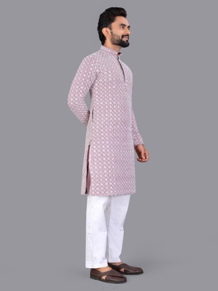 Lucknowi Pink Chikankari Men Kurta with Matte Sequin Work Kurta Pajama Wholesale