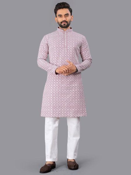 Lucknowi Pink Chikankari Men Kurta with Matte Sequin Work Kurta Pajama Wholesale