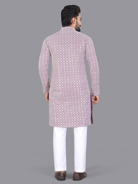 Lucknowi Pink Chikankari Men Kurta with Matte Sequin Work Kurta Pajama Wholesale