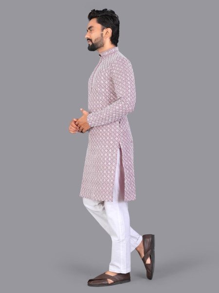 Lucknowi Pink Chikankari Men Kurta with Matte Sequin Work Kurta Pajama Wholesale