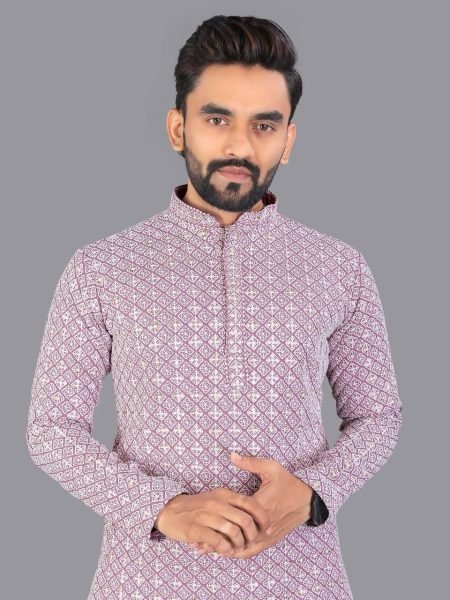 Lucknowi Pink Chikankari Men Kurta with Matte Sequin Work Kurta Pajama Wholesale