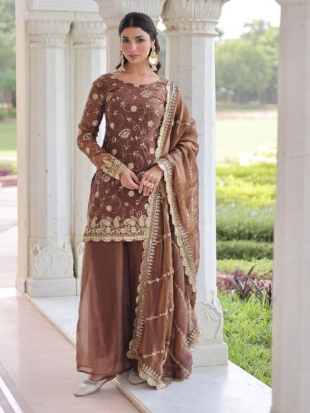 Lustrous Coffee Fully Stitched Fendy Top & Sharara Set at Wholesale Rate for Exporters Ready To Wear Collection