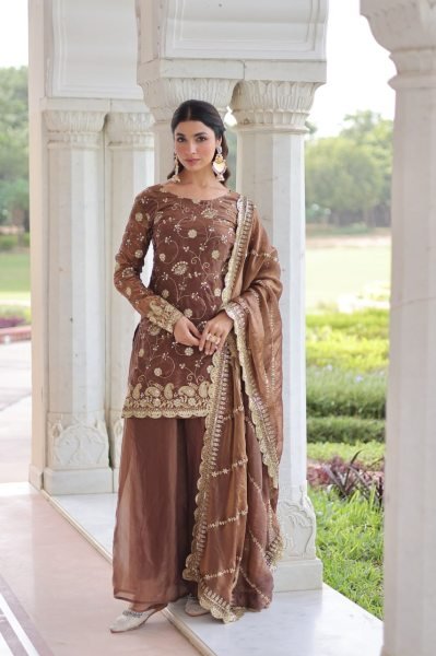 Lustrous Coffee Fully Stitched Fendy Top & Sharara Set at Wholesale Rate for Exporters Ready To Wear Collection