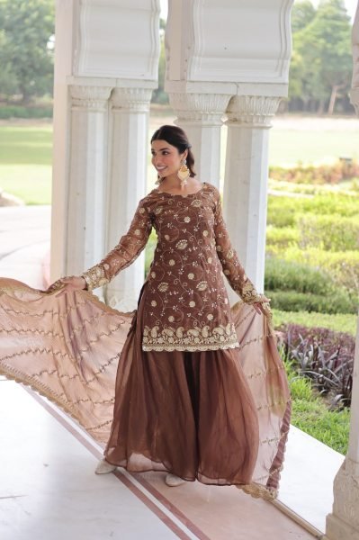 Lustrous Coffee Fully Stitched Fendy Top & Sharara Set at Wholesale Rate for Exporters Ready To Wear Collection