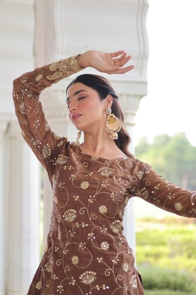 Lustrous Coffee Fully Stitched Fendy Top & Sharara Set at Wholesale Rate for Exporters Ready To Wear Collection