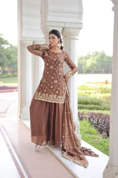 Lustrous Coffee Fully Stitched Fendy Top & Sharara Set at Wholesale Rate for Exporters Ready To Wear Collection