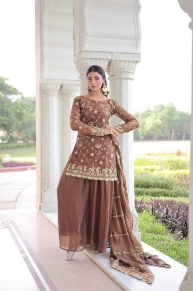 Lustrous Coffee Fully Stitched Fendy Top & Sharara Set at Wholesale Rate for Exporters Ready To Wear Collection