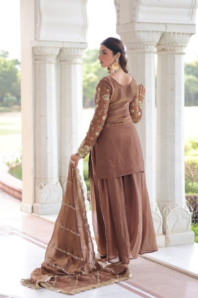 Lustrous Coffee Fully Stitched Fendy Top & Sharara Set at Wholesale Rate for Exporters Ready To Wear Collection