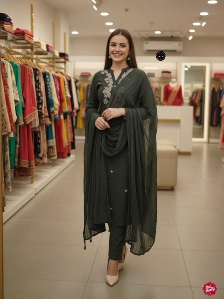 Lustrous Mehendi Green Rayon Slub Coding Embroidered Kurti Set with Chanderi Cotton Dupatta for Daily Wear 