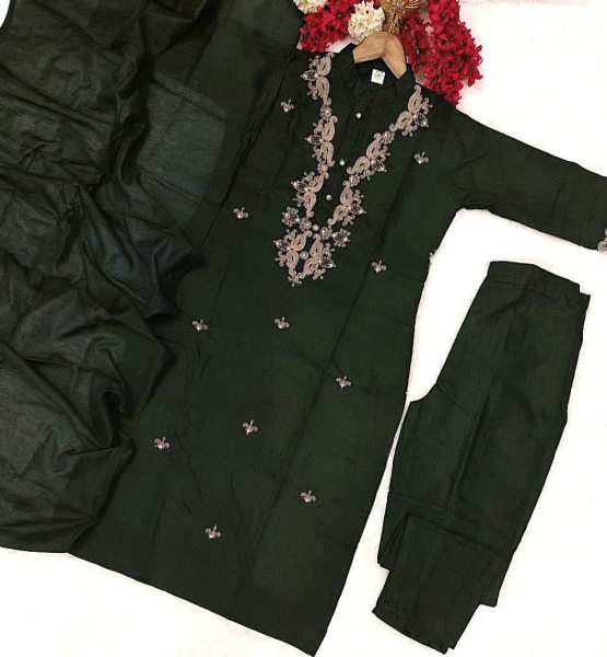 Lustrous Mehendi Green Rayon Slub Coding Embroidered Kurti Set with Chanderi Cotton Dupatta for Daily Wear  Straight Cut Long Kurtis