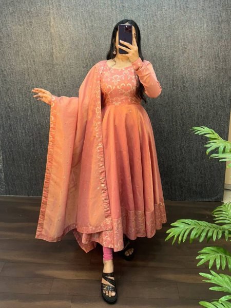 Lustrous Peach Fully Stitch Banarasi Tissu Gown Buyers at Manufacturer Rate Kurtis