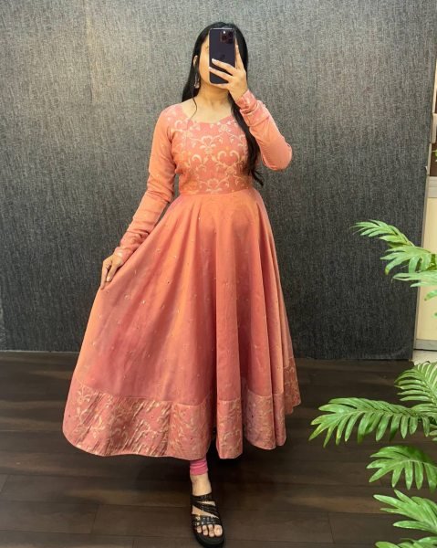 Lustrous Peach Fully Stitch Banarasi Tissu Gown Buyers at Manufacturer Rate Kurti With Dupatta Wholesale