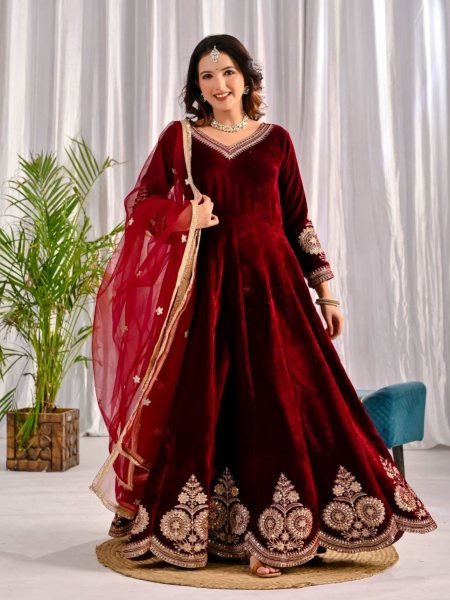 Lustrous Red Velvet Embroidered Anarkali Set with Butterfly Net Dupatta for Wedding Wear Winter Wear