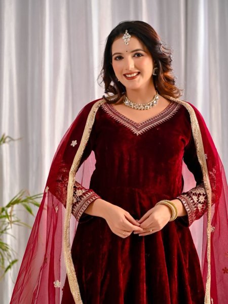 Lustrous Red Velvet Embroidered Anarkali Set with Butterfly Net Dupatta for Wedding Wear Anarkali Kurtis 