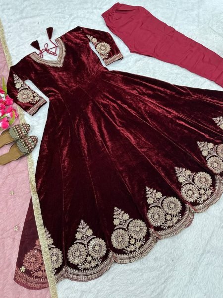 Lustrous Red Velvet Embroidered Anarkali Set with Butterfly Net Dupatta for Wedding Wear Anarkali Kurtis 
