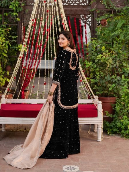 Lustrous Touch Black Ready to Wear Velvet Sequence and Pearl Work for International Buyers   Ready To Wear Collection