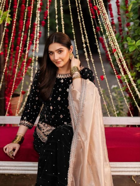 Lustrous Touch Black Ready to Wear Velvet Sequence and Pearl Work for International Buyers   Ready To Wear Collection