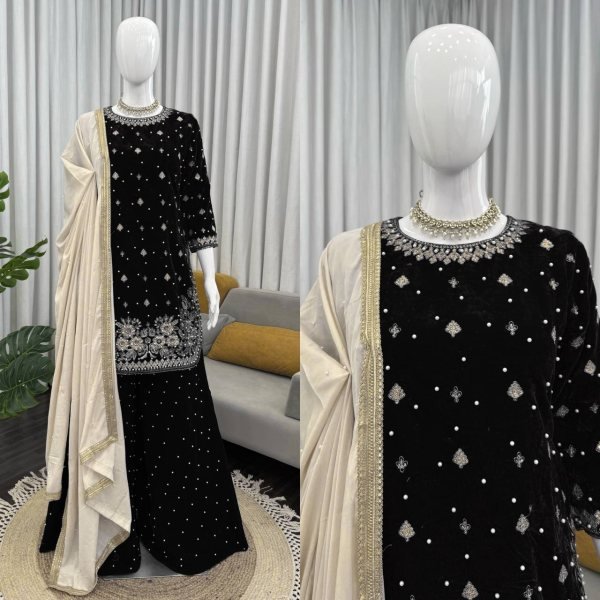 Lustrous Touch Black Ready to Wear Velvet Sequence and Pearl Work for International Buyers   Ready To Wear Collection