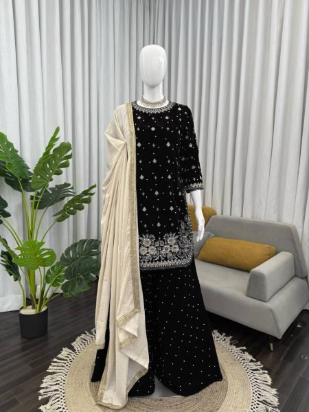 Lustrous Touch Black Ready to Wear Velvet Sequence and Pearl Work for International Buyers   Ready To Wear Collection