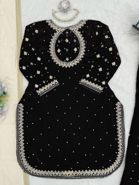 Lustrous Touch Black Ready to Wear Velvet Sequence and Pearl Work for International Buyers   Ready To Wear Collection