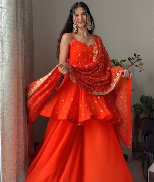 Lustrous touch Faux Georgette Thread   Sequence Work Suit   Plazzo with Dupatta for Function Wear Ready To Wear Collection