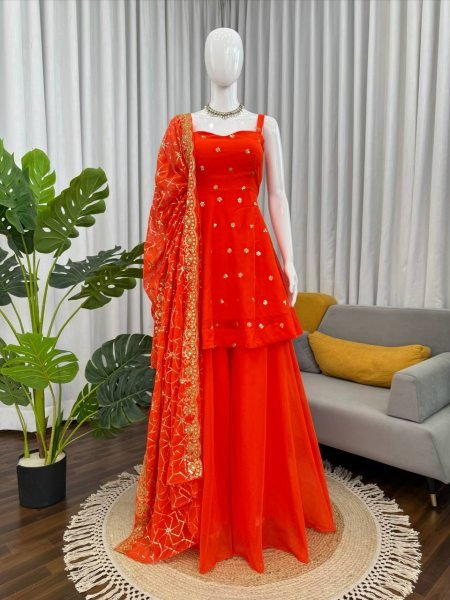 Lustrous touch Faux Georgette Thread   Sequence Work Suit   Plazzo with Dupatta for Function Wear Ready To Wear Collection