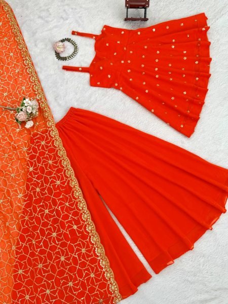 Lustrous touch Faux Georgette Thread   Sequence Work Suit   Plazzo with Dupatta for Function Wear Ready To Wear Collection