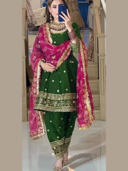 Lustrous Touch Green Silk Farshi Salwar Suit Set with 5mm Sequins Embroidery for Wedding Wear 