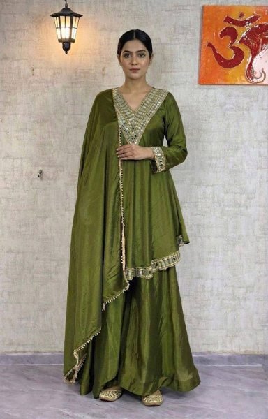 Lustrous touch Mehendi Green Chinon Ready to Wear Top Plazzo and Dupatta  with  Mirror Work at Party Wear   Ready To Wear Collection