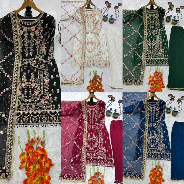 Luxe Black Faux Georgette Embroidered Kurta Palazzo Set with Dupatta Ready To Wear Collection