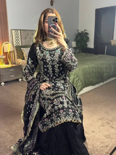 Luxe Black Faux Georgette Embroidered Kurta Palazzo Set with Dupatta Ready To Wear Collection