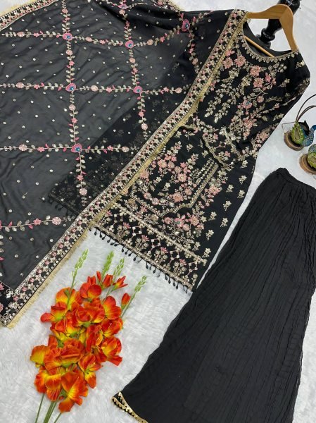 Luxe Black Faux Georgette Embroidered Kurta Palazzo Set with Dupatta Ready To Wear Collection