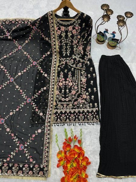 Luxe Black Faux Georgette Embroidered Kurta Palazzo Set with Dupatta Ready To Wear Collection