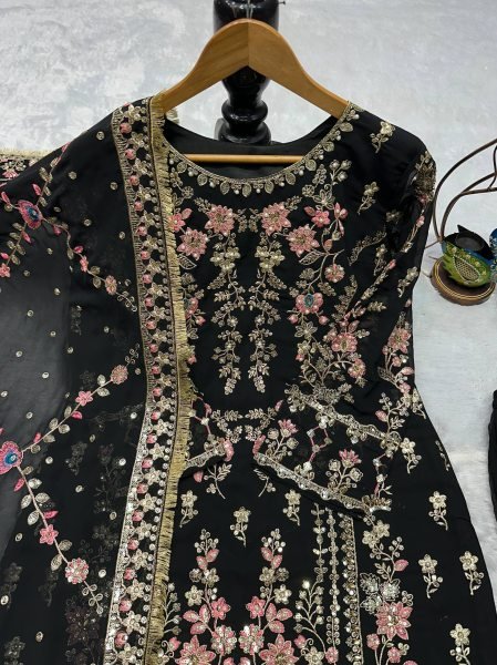 Luxe Black Faux Georgette Embroidered Kurta Palazzo Set with Dupatta Ready To Wear Collection