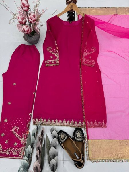 Luxe Faux Georgette Embroidery Palazzo Set with Pearl Moti Hand Work   Soft Net Dupatta for Festive Wear 