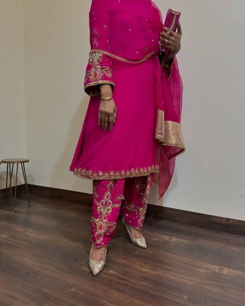 Luxe Faux Georgette Embroidery Palazzo Set with Pearl Moti Hand Work   Soft Net Dupatta for Festive Wear Ready To Wear Collection