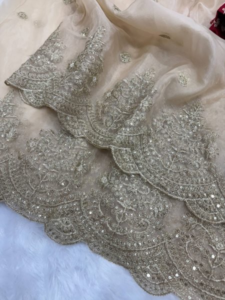 Luxe Gold Organza Saree with Sequins Red Corset Blouse for Grand Celebrations Designer Wedding Sarees Wholesale